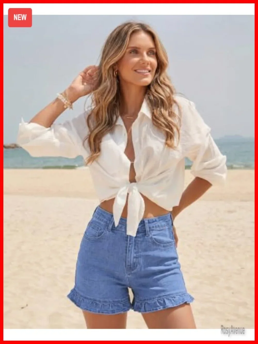 High Waisted Stretchy Denim Shorts with Ruffle Hem 4